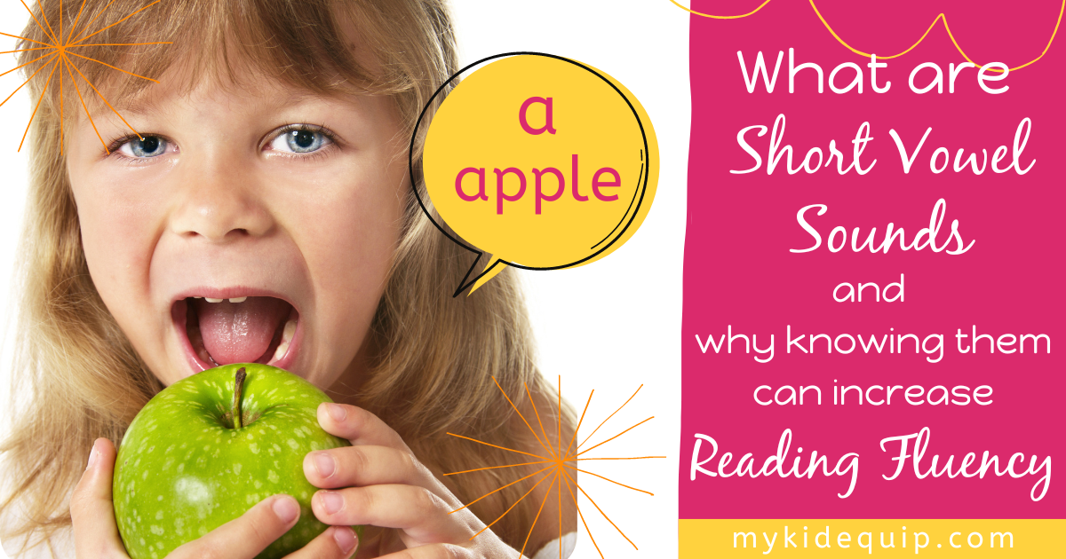 a child eating an apple saying the sound of the letter 'a' and showing a wide mouth shape for the short vowel sound.