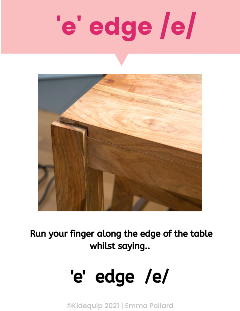 the edge of a table illustrating the sound that short vowel e makes