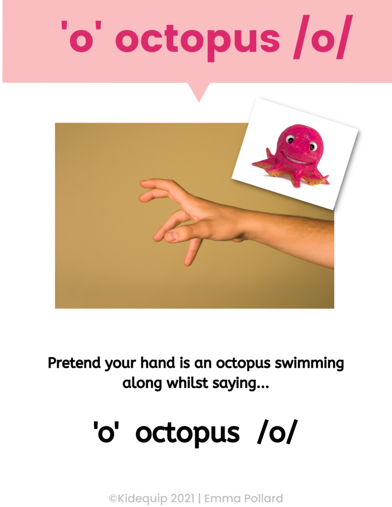 a child's hand making the shape of an octopus to illustrate the short vowel o sound