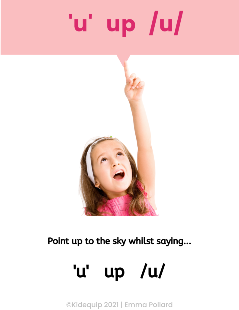 a child pointing up to illustrate the sound the short vowel u makes