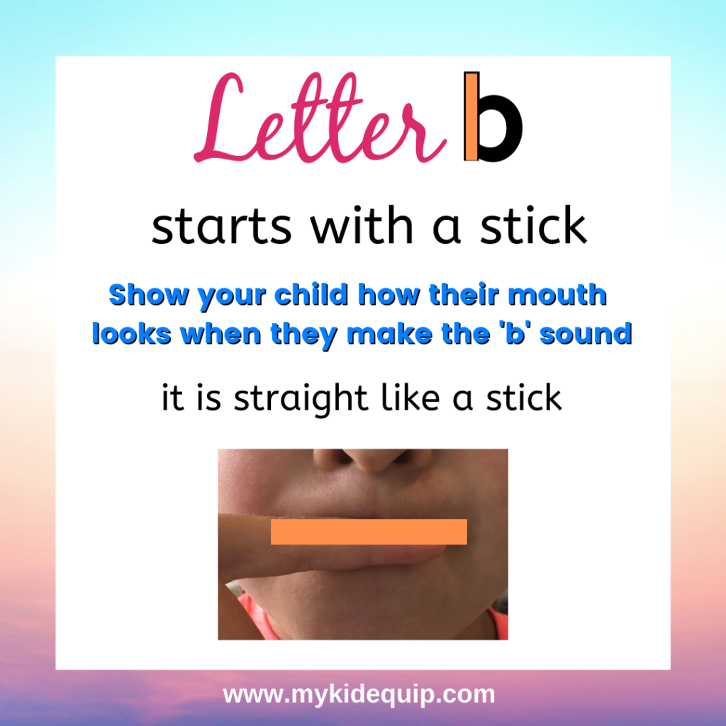 a picture of a child's closed lips showing that the letter b starts with a straight line, just how our mouths look when we make the /b/ sound