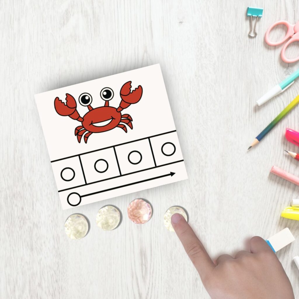 A picture of blending sounds together to form a word using counters and images. The word 'crab' has 4 individual sounds.