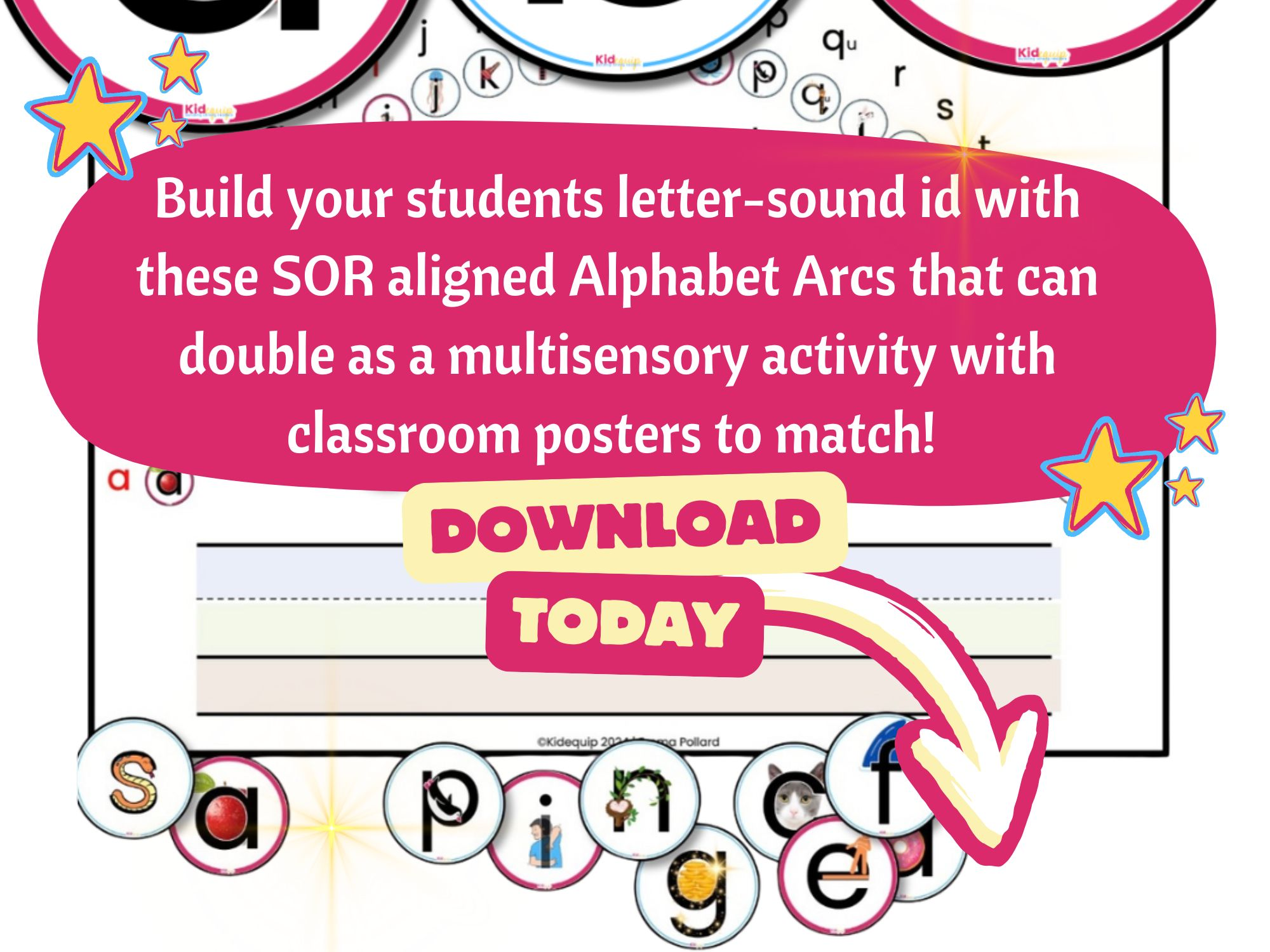 A Collection of photos showing what is included in the alphabet arc resource. With options for differentiation and kinesthetic activities to improve letter sound identification.