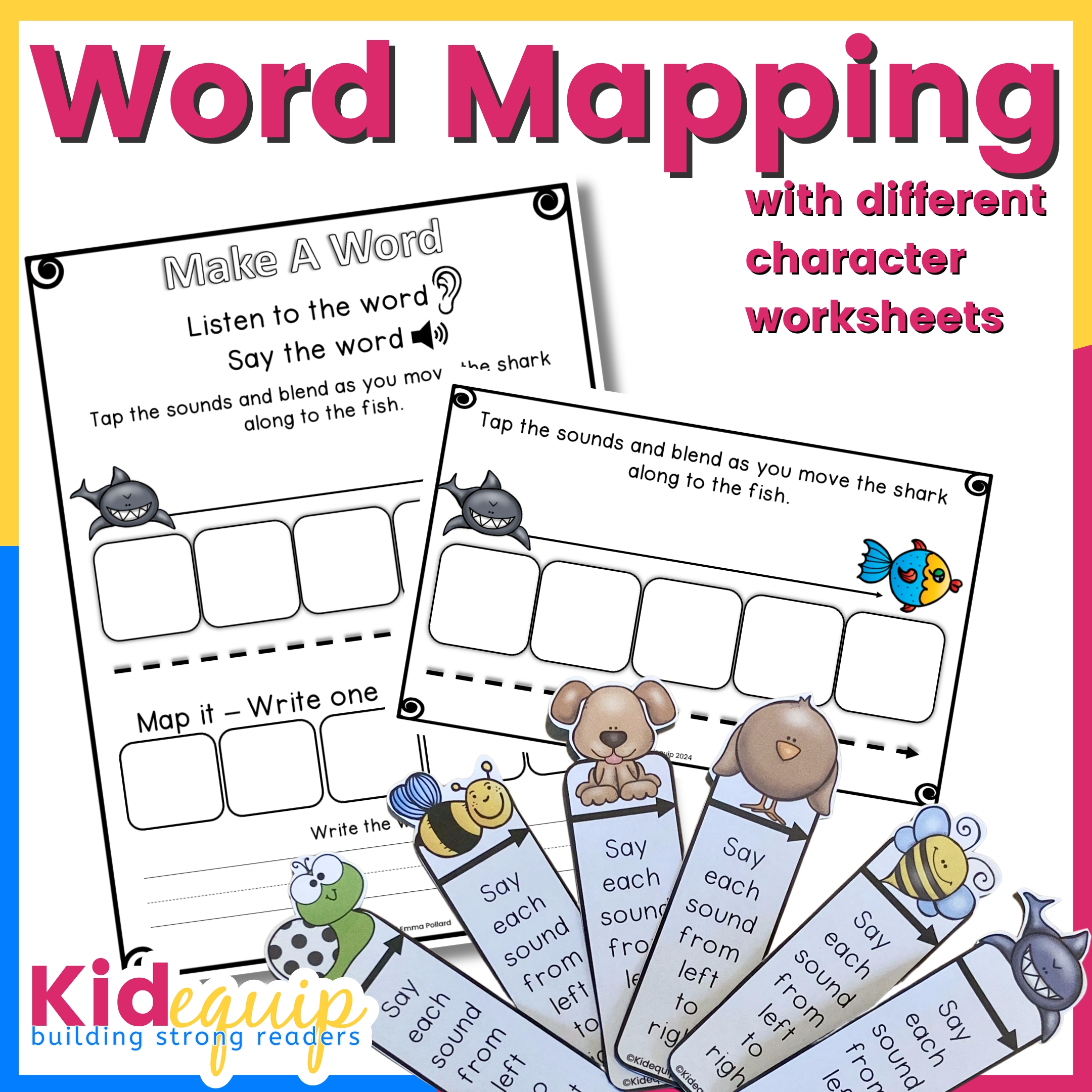 Word mapping templates showing cute character blending bookmarks to be used to blend the sounds in the word.