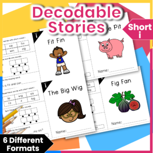 a picture of 4 decodable printable books to learn and practice reading words with short vowel i