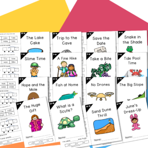 a picture of all of the foldable decodables in this set of magic e decodable stories